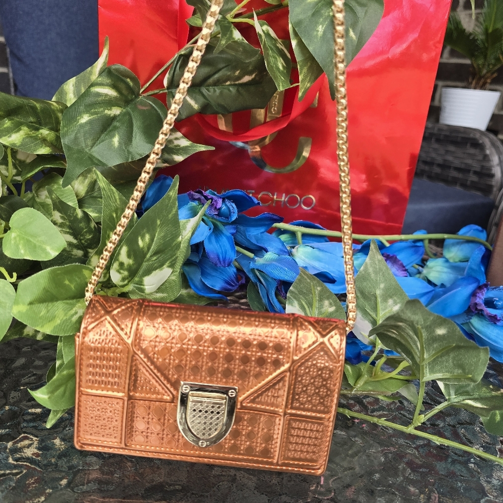 Authentic Christian Dior Diorama Metallic Copper Or Orange Trifold Short Wallet